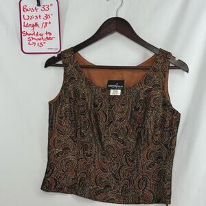 Vintage Positive Attitude Jacquard Gold Brown Metallic Paisley Tank Top 10P Glam